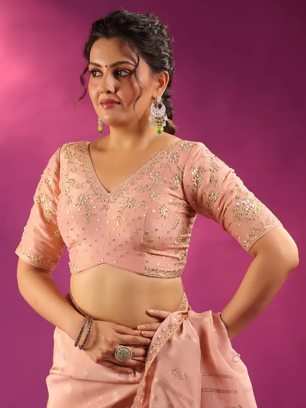 Peach silk festive wear saree for women with unstitched blouse