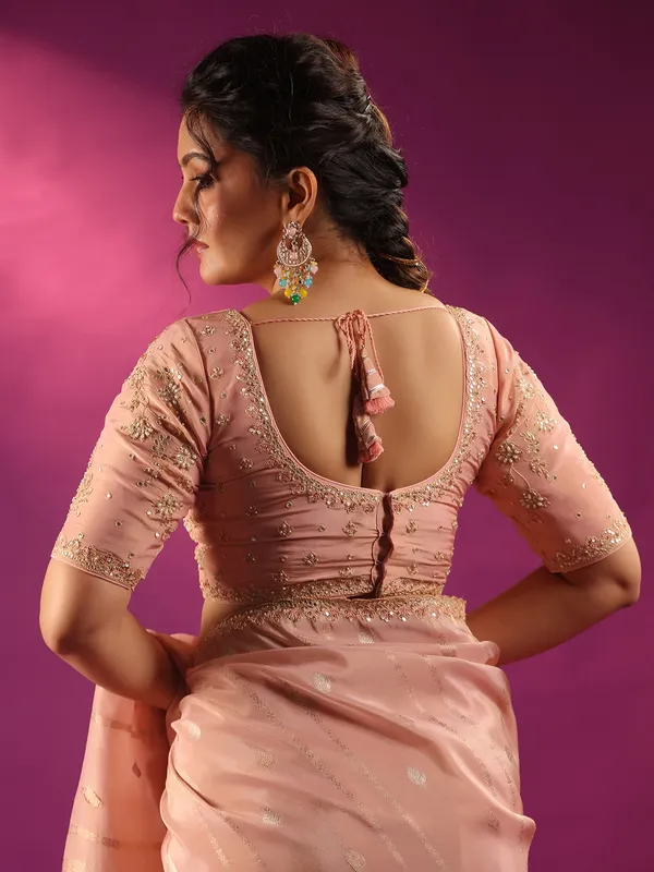 Peach silk festive wear saree for women with unstitched blouse