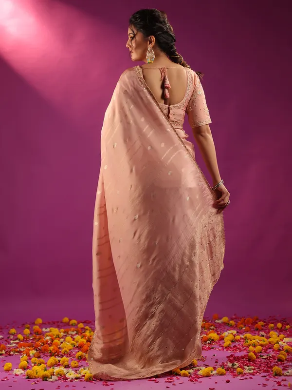 Peach silk festive wear saree for women with unstitched blouse
