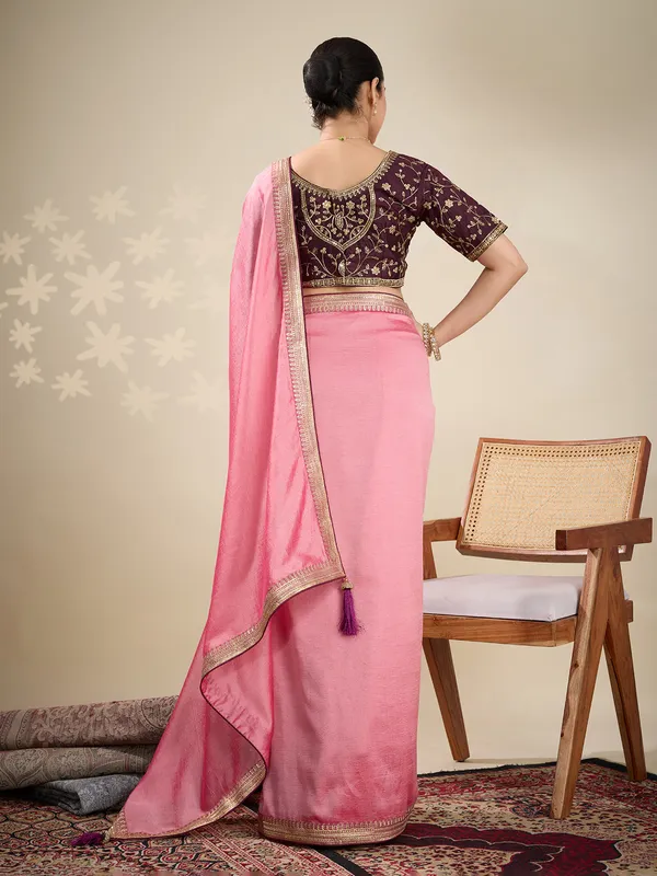 Peach silk festive wear saree with brown blouse