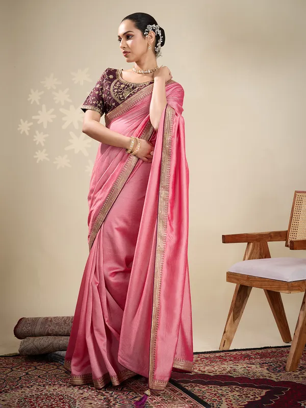 Peach silk festive wear saree with brown blouse