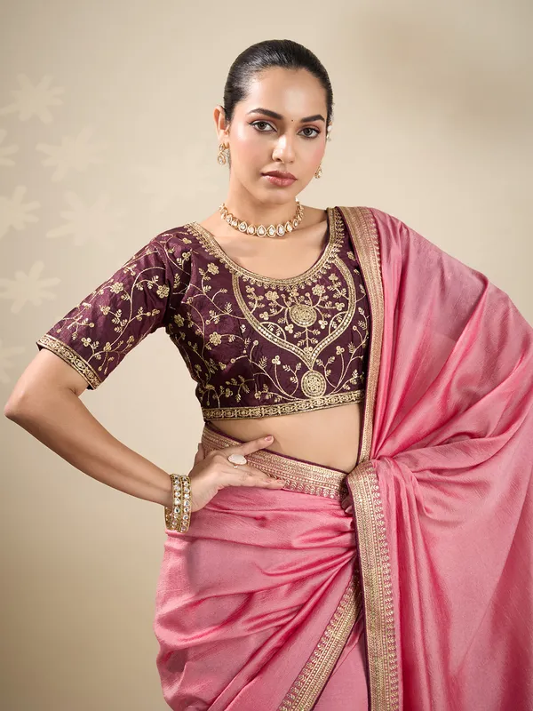 Peach silk festive wear saree with brown blouse