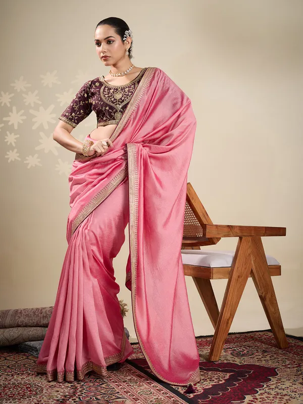 Peach silk festive wear saree with brown blouse