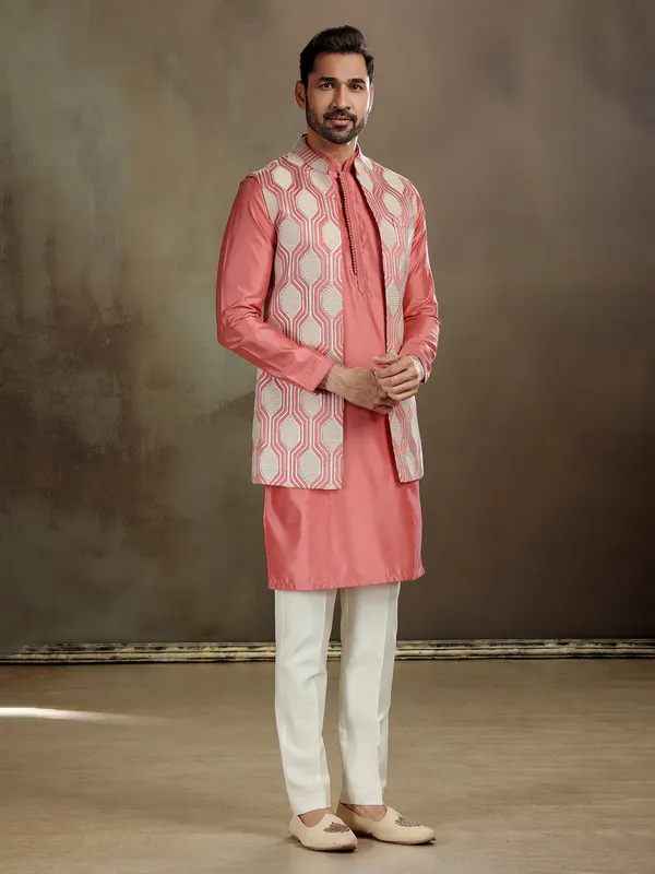 Peach silk gota work waistcoat set