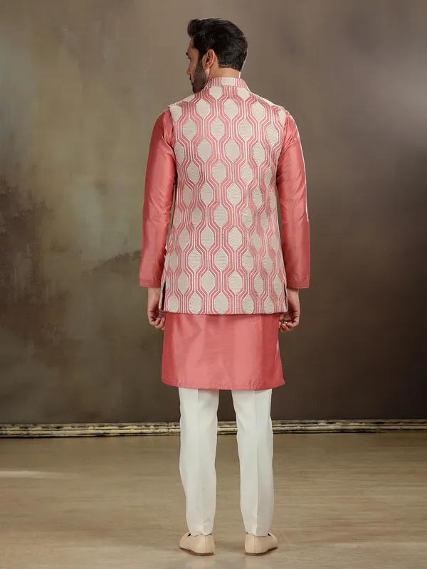 Peach silk gota work waistcoat set