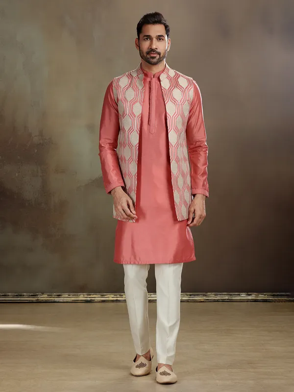 Peach silk gota work waistcoat set