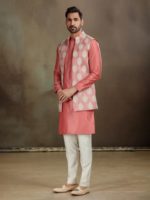 Peach silk gota work waistcoat set