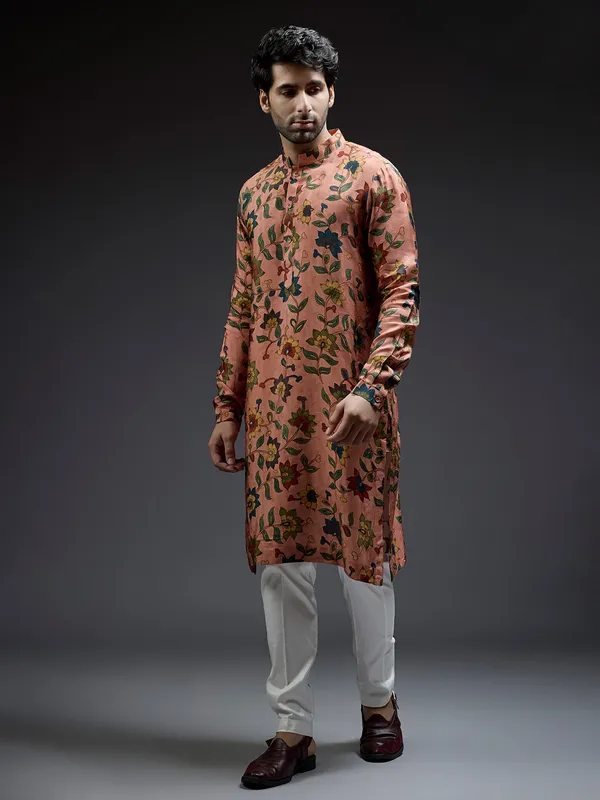 Peach silk kurta suit in pataudi print for men