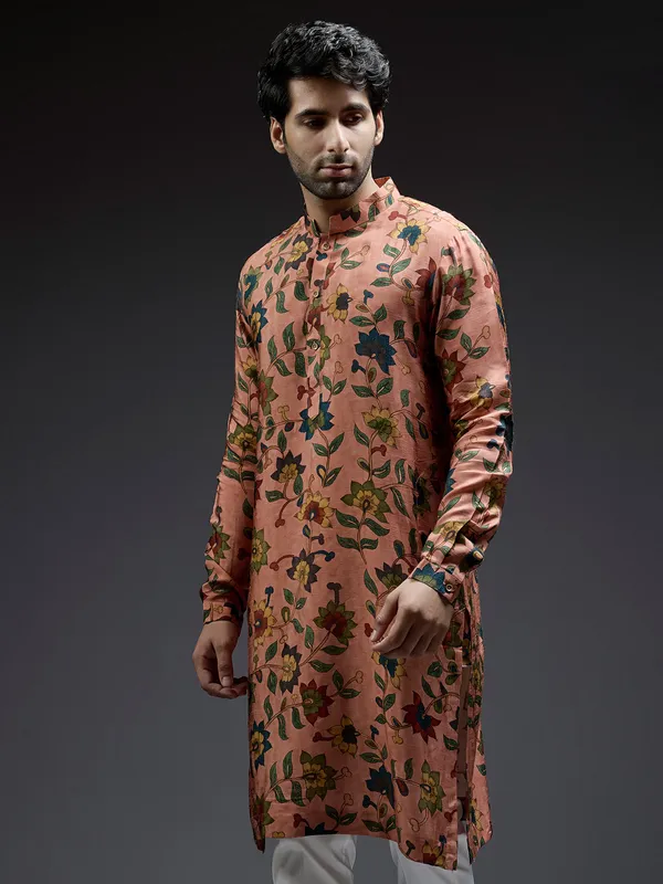 Peach silk kurta suit in pataudi print for men