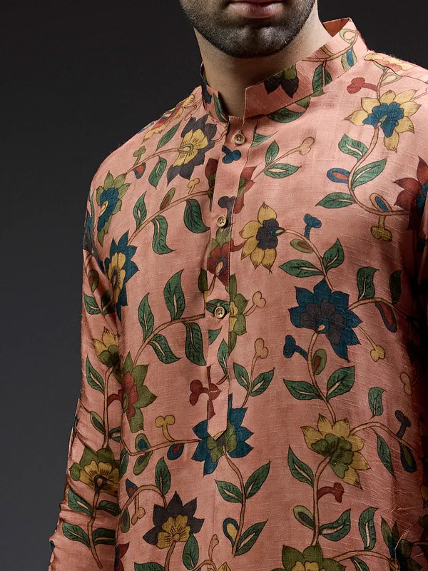 Peach silk kurta suit in pataudi print for men