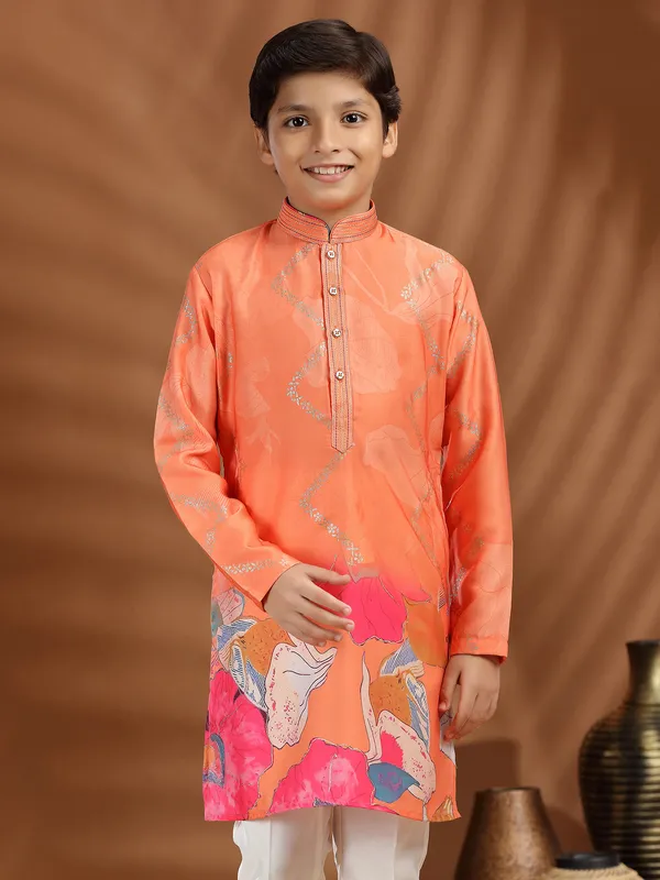 Peach silk kurta suit in printed for festive