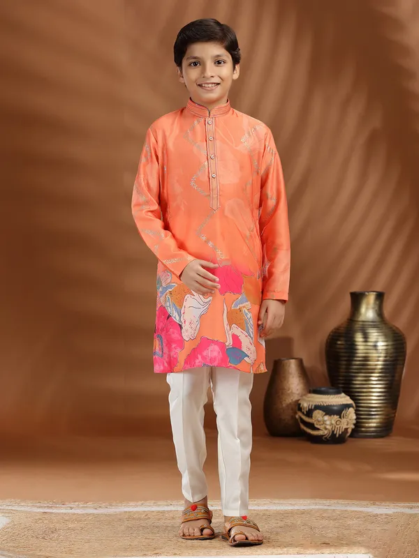 Peach silk kurta suit in printed for festive
