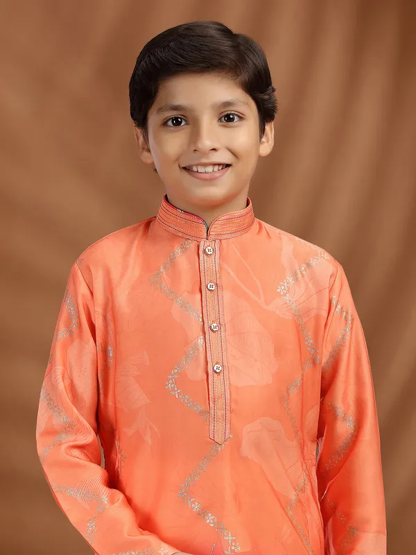 Peach silk kurta suit in printed for festive