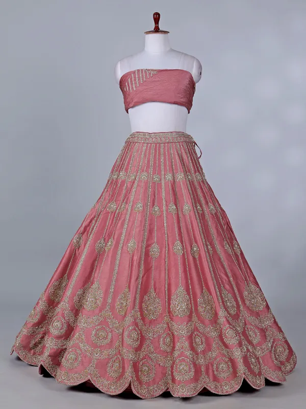 Peach silk lehenga choli resham and cutdana detailing