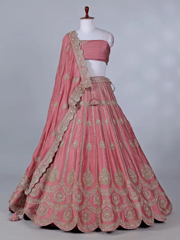 Peach silk lehenga choli resham and cutdana detailing