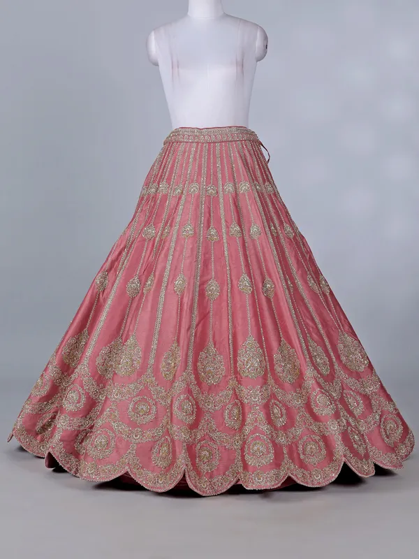 Peach silk lehenga choli resham and cutdana detailing