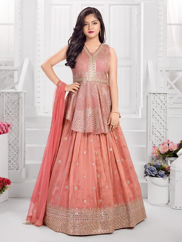 Peach silk lehenga choli with sequins and bead embroidery