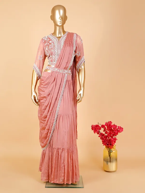 Peach silk lehenga suit with attached dupatta