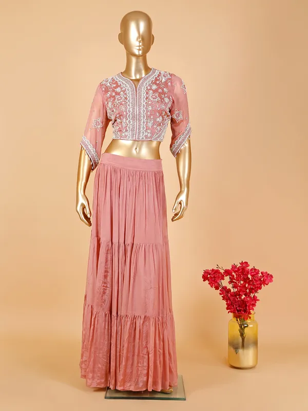 Peach silk lehenga suit with attached dupatta