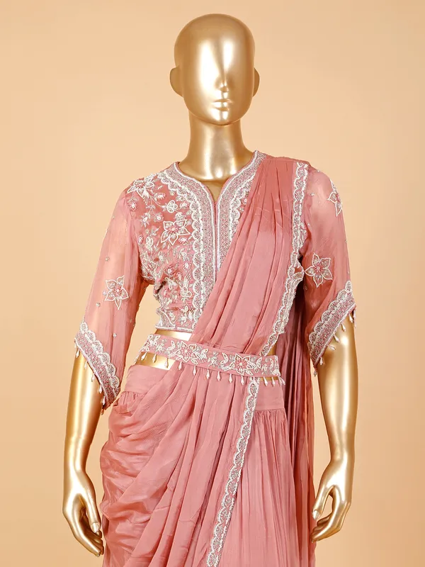 Peach silk lehenga suit with attached dupatta