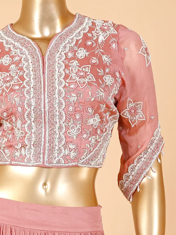 Peach silk lehenga suit with attached dupatta