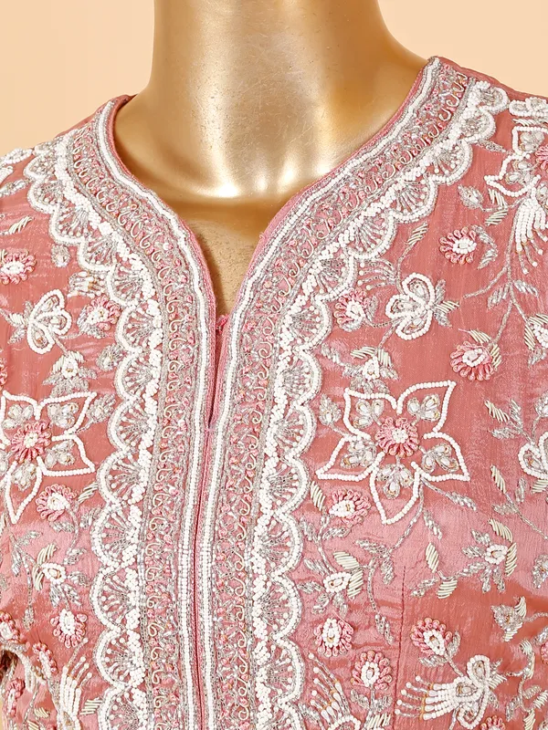 Peach silk lehenga suit with attached dupatta