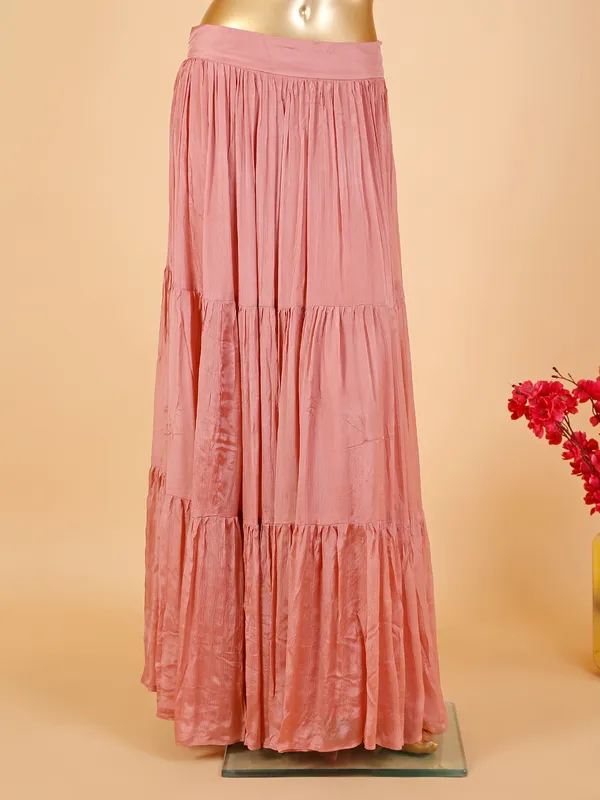Peach silk lehenga suit with attached dupatta