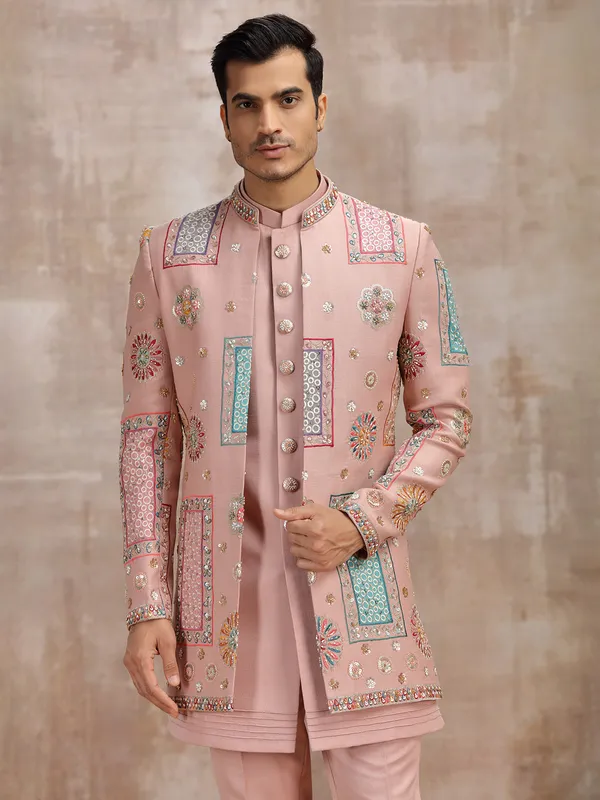 Peach silk men indowestern set for wedding