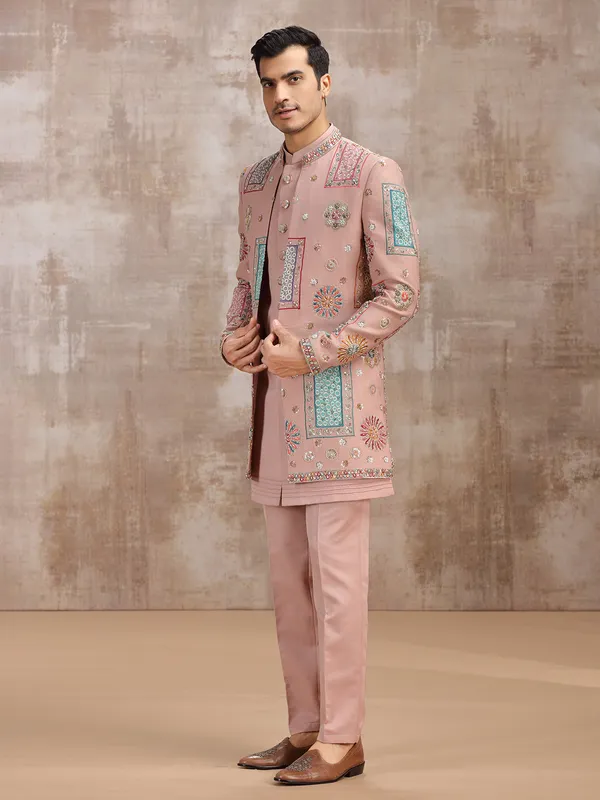 Peach silk men indowestern set for wedding