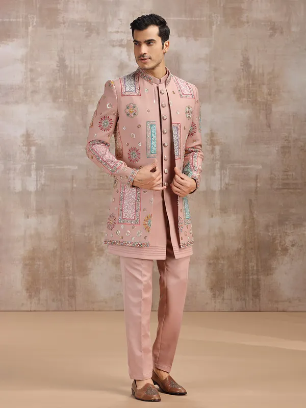 Peach silk men indowestern set for wedding