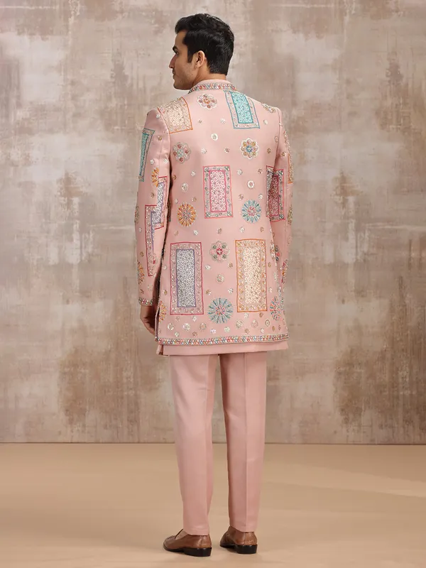 Peach silk men indowestern set for wedding