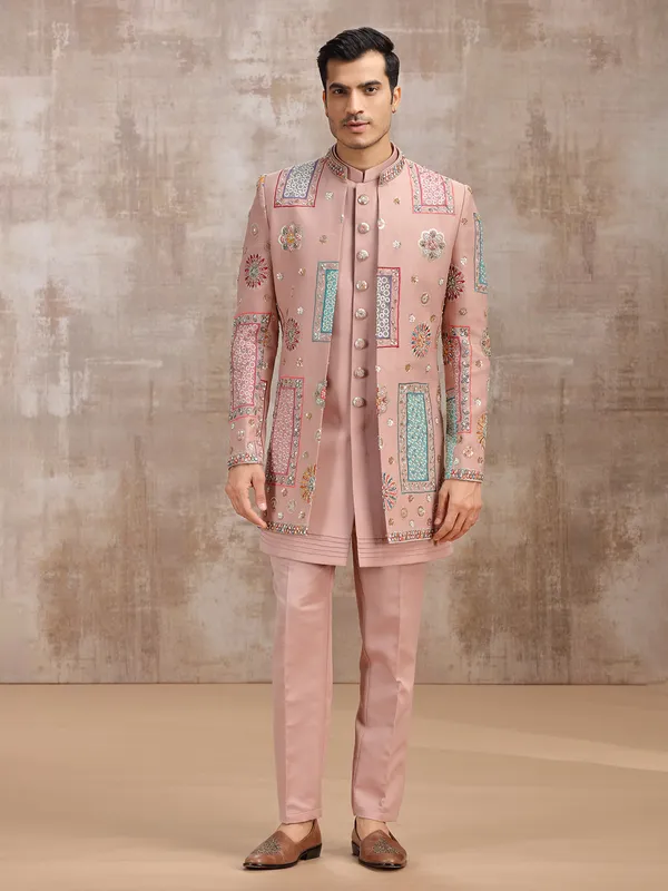 Peach silk men indowestern set for wedding