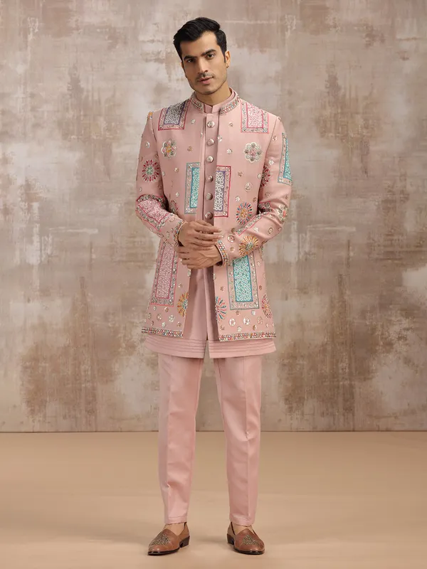 Peach silk men indowestern set for wedding