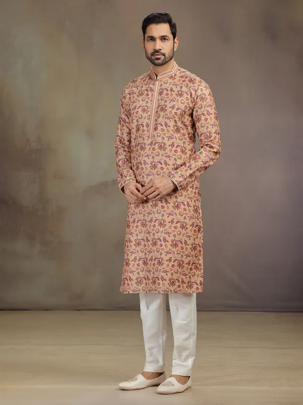 Peach silk men kurta suit with print