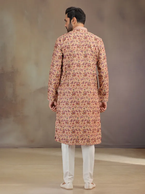 Peach silk men kurta suit with print