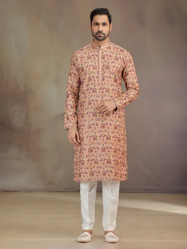 Peach silk men kurta suit with print