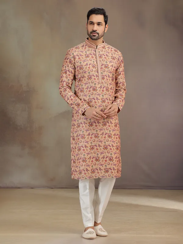 Peach silk men kurta suit with print