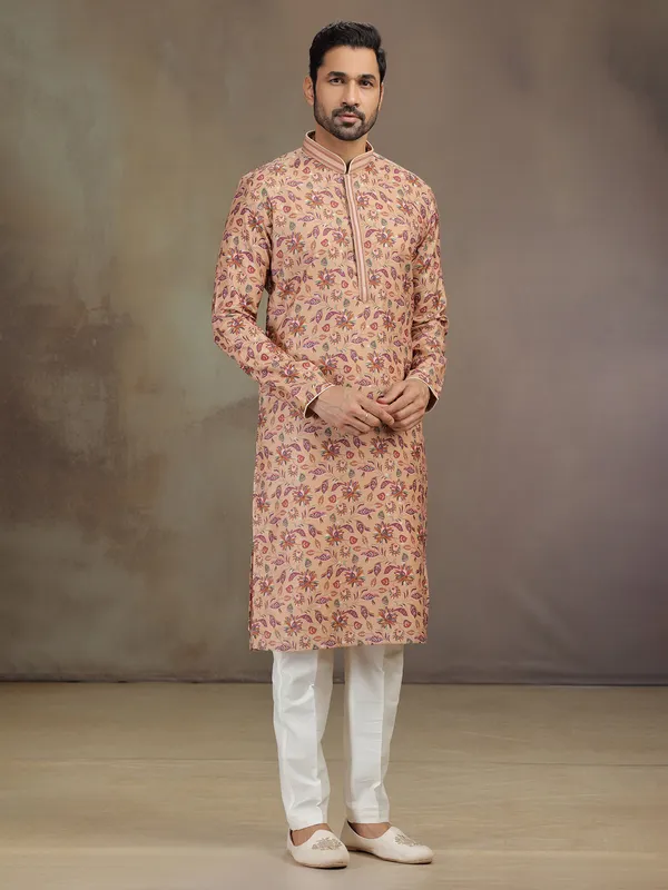Peach silk men kurta suit with print
