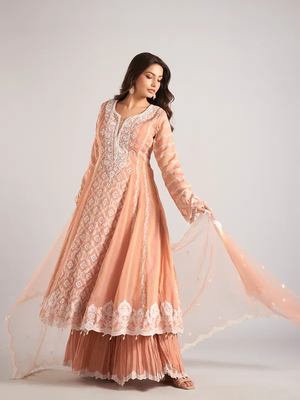 Peach silk pakistani style sharara suit with dupatta