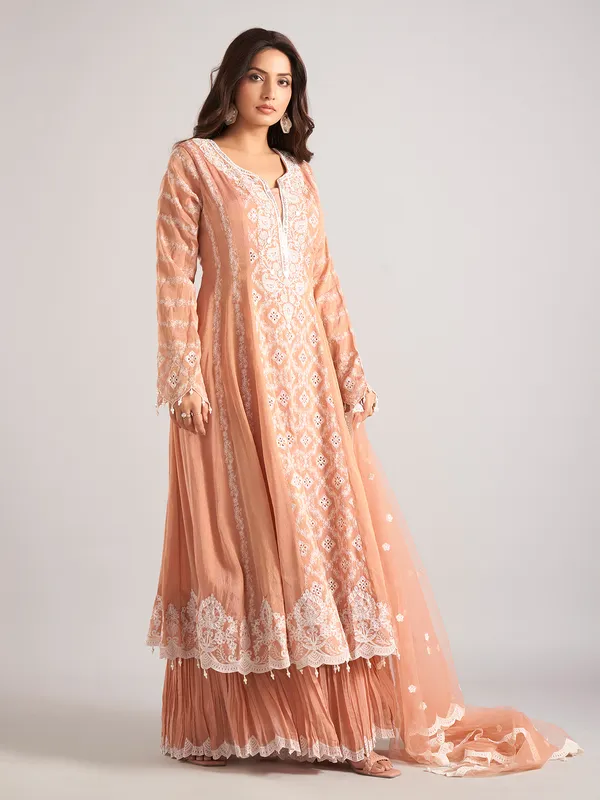 Peach silk pakistani style sharara suit with dupatta