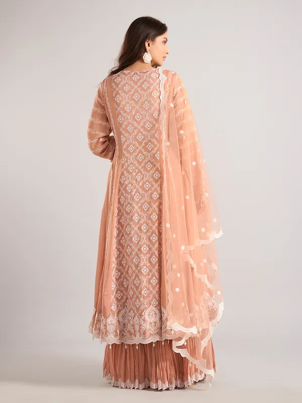 Peach silk pakistani style sharara suit with dupatta