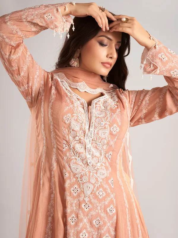 Peach silk pakistani style sharara suit with dupatta