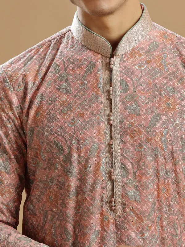 Peach silk printed kurta suit