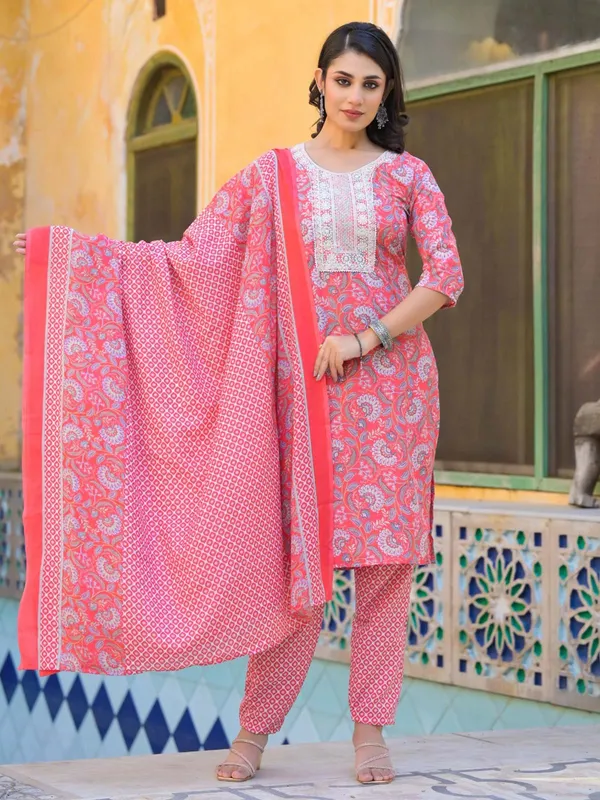 Peach silk printed kurti set for women