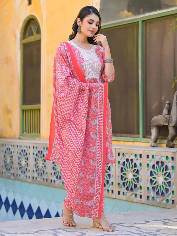 Peach silk printed kurti set for women