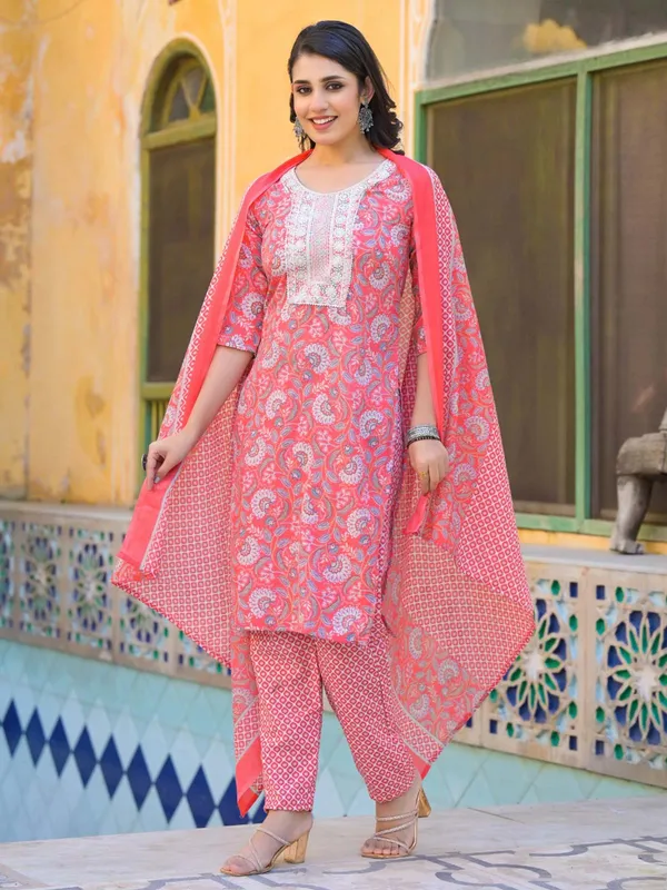 Peach silk printed kurti set for women