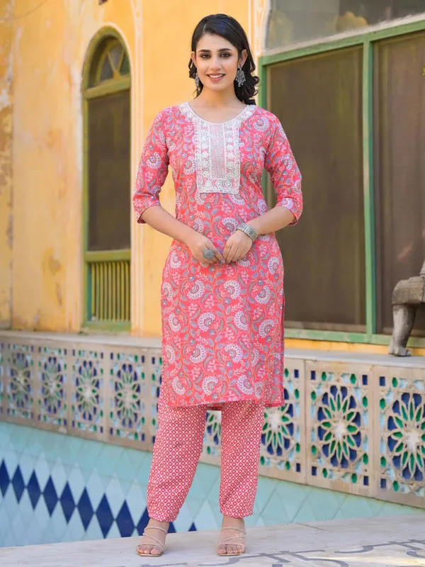 Peach silk printed kurti set for women