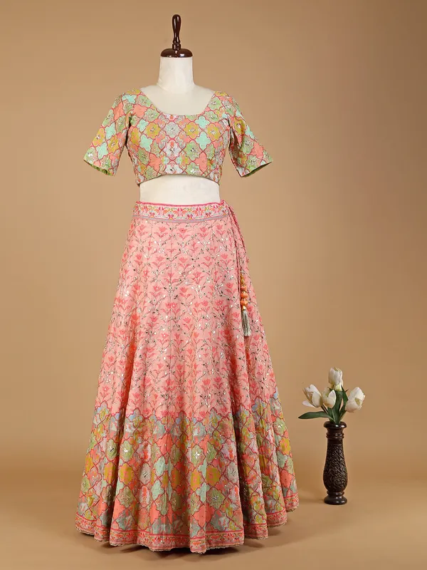 Peach silk printed lehenga choli