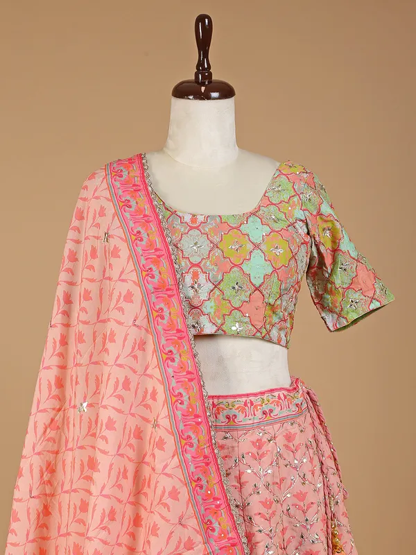 Peach silk printed lehenga choli
