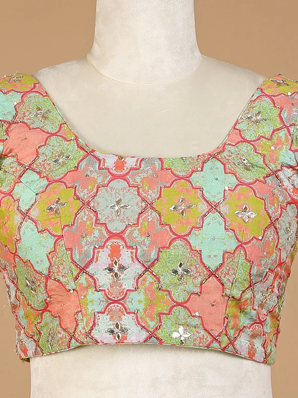 Peach silk printed lehenga choli